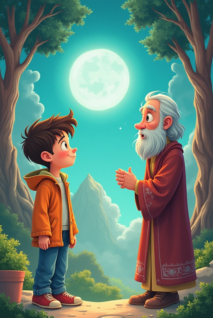 A cartoon of a young boy in an orange jacket and jeans who meets a wise old man who gives him powers to enter other people's dreams but he uses them in an immature way.