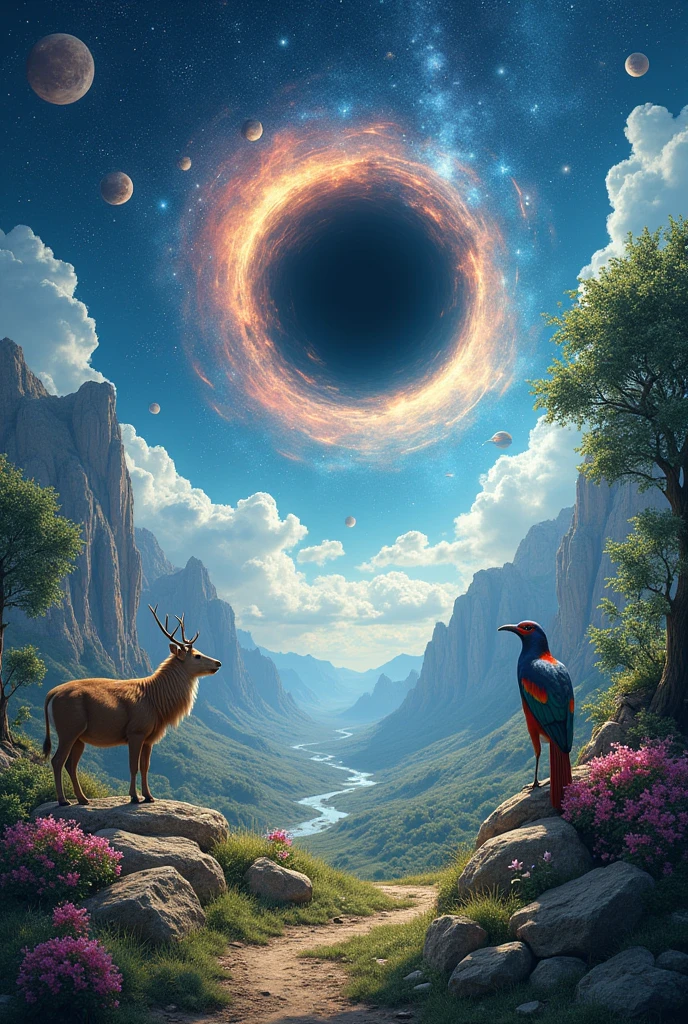 A scene with space which shows nature beauty and some stars and planets and blackhole in day light with animals and birds