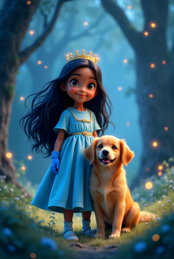 Medium skin tone girl with black hair , dark eyes , beautiful smile.with a golden retriever dog. Repesentavion pixar, light blue oversized dress ,spongy ,with a blue crown, blue gloves , in a forest with fireflies at night, dark skin tone