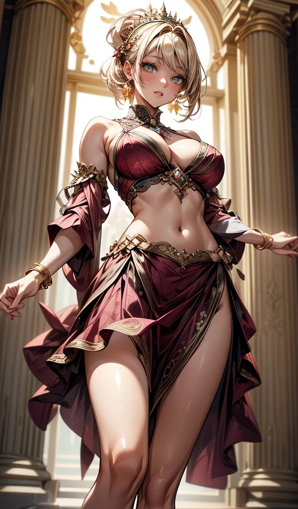 Masterpiece, Maximize highest quality:1.5, Maximum hyper beautiful and hyper realistic 3D digital illustrations:1.5, Hyper high power resolution, UHD, 16K, 1080p, Ultra hyper clear details, Smooth, soft and clearly and hyper realistic skin texture and hair texture:1.5, Hyper beautiful detailed eyes texture:1.5, Amazing dynamic movement:1.5, Beautiful backgrounds with depth of field, Hyper beautiful natural light, Rule of thirds, Maximize every effect and present it in the ultimate quality, 1woman, sexy, cool beauty, 25years old, beautiful face sharp, elegant mature woman, Ultimate perfect body style, beautiful big breasts, upturned breasts, beautiful green eyes, shiny blonde hair, short hair, Shag cut, (eyes visible through hair:1.3), glossy very thick lips, pink lipstick, smile:1.5, A stunning oriental dancer in a deep red, intricately designed costume, adorned with golden embroidery and sequins, , The costume features a flowing skirt with multiple layers, , A fitted bodice with delicate beadwork, , She wears luxurious accessories including a golden headpiece, , Dangling earrings, , And multiple bracelets, , The background is a grand palace with ornate pillars and a marble floor, , The dancer is captured in a dynamic pose, , Her movements full of energy and grace