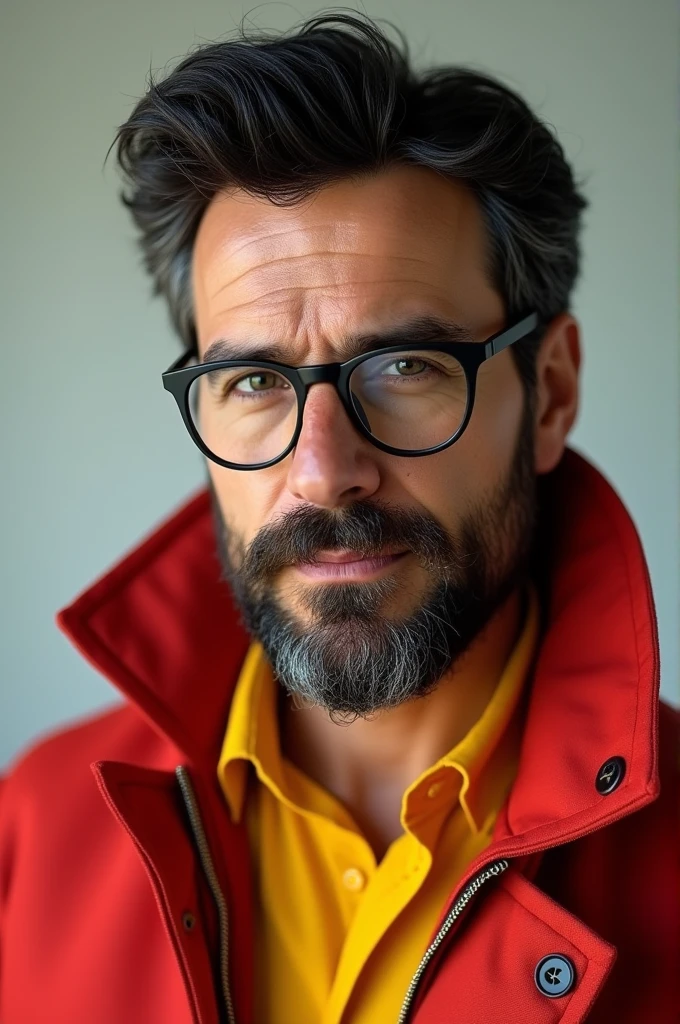 Avatar man 40 years old white black hair brown beard glasses yellow shirt red apolo collar well moisturized