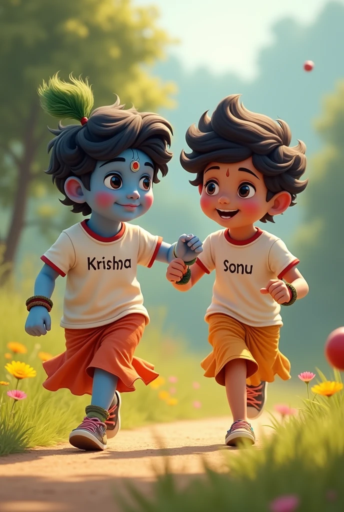 Cute god krishna with his friend playing cricket
Both t shirt colour white and printed name krishna and sonu

