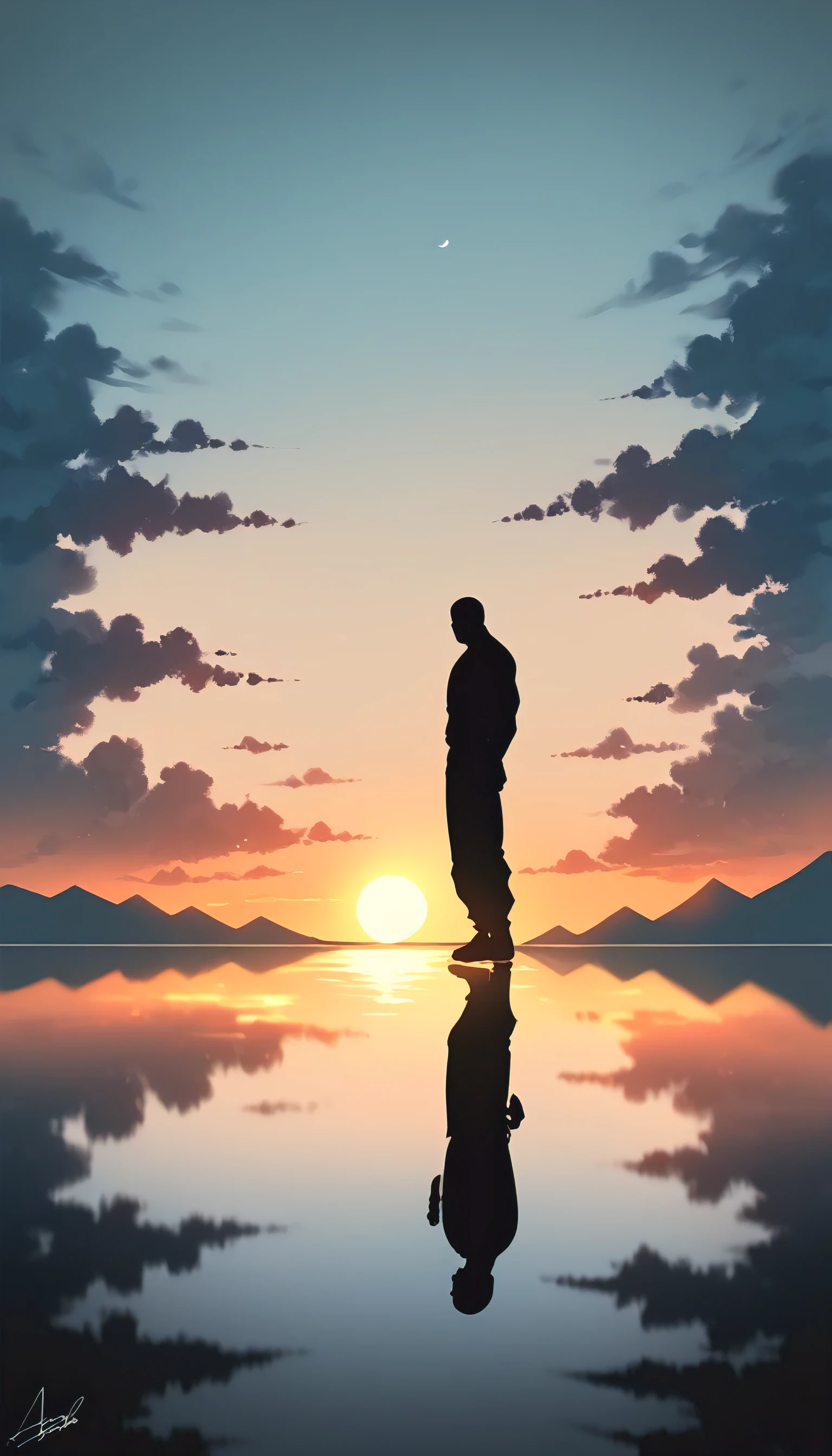 A Strong Buddhist muscular man stands in the smoke, Black jumpsuit, Very tight, Silhouette effect, Tall muscular man, Priapus, Dark Black, Dark black skin, Buzz Cut, His muscles are very developed, Very tall, short hair, Blend into the smoke, Lake, Reflection, Sunset, Sunset, Man silhouette, Chinese, black and white, Simple style