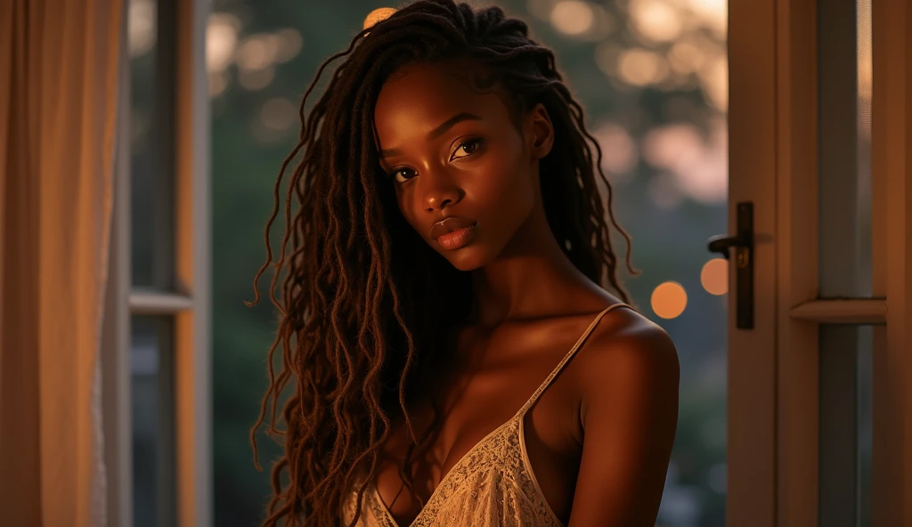 A stunningly beautiful African American woman with long brown dreadlocks with highlights on the ends in night gown looking sexy & sensual, looking out of the bedroom window, realistic
