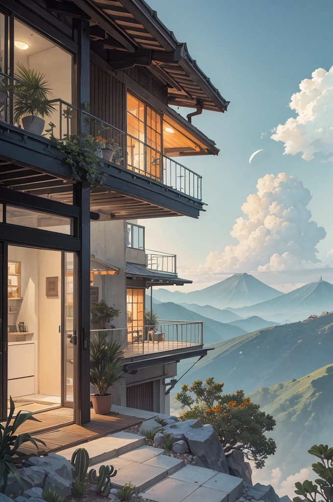small and beautiful modern house in top of big boulders, terraces, pool, stairs, multiple cacti gardens, palms, trees, rocks, beautiful landscape design, mountains and volcano y background, amazing clouds, sun, moon, planets, milky way galaxy, concrete, wood, glass and steel materials, olive green, violet, orange and withe colors in facade