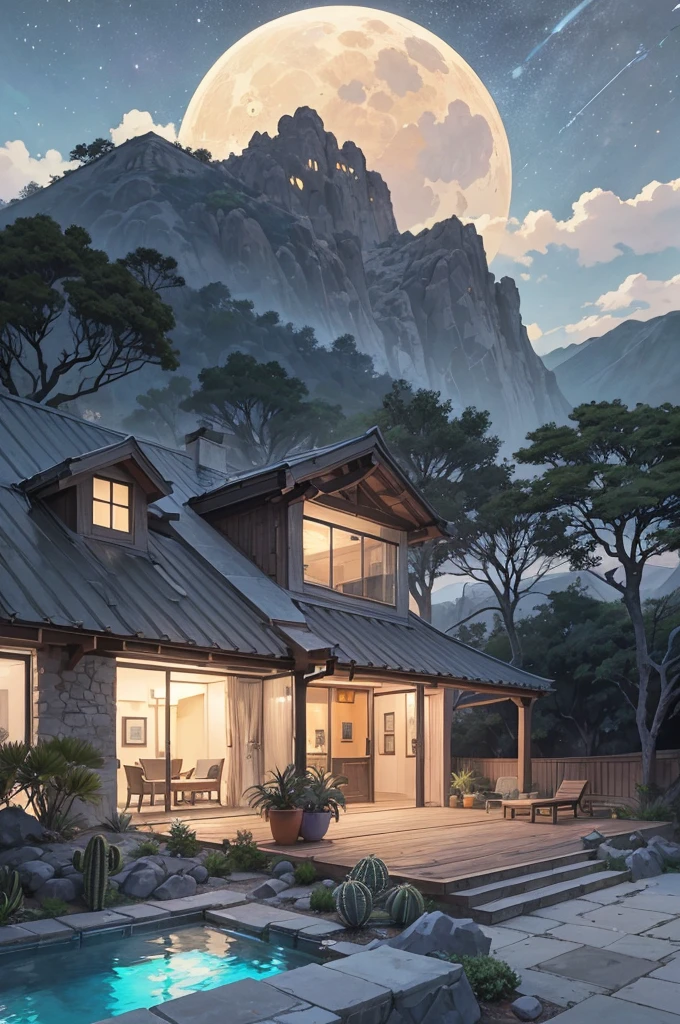 small and beautiful modern house in top of big boulders, terraces, pool, stairs, multiple cacti gardens, palms, trees, rocks, beautiful landscape design, mountains and volcano y background, amazing clouds, sun, moon, planets, milky way galaxy, concrete, wood, glass and steel materials, olive green, violet, orange and withe colors in facade