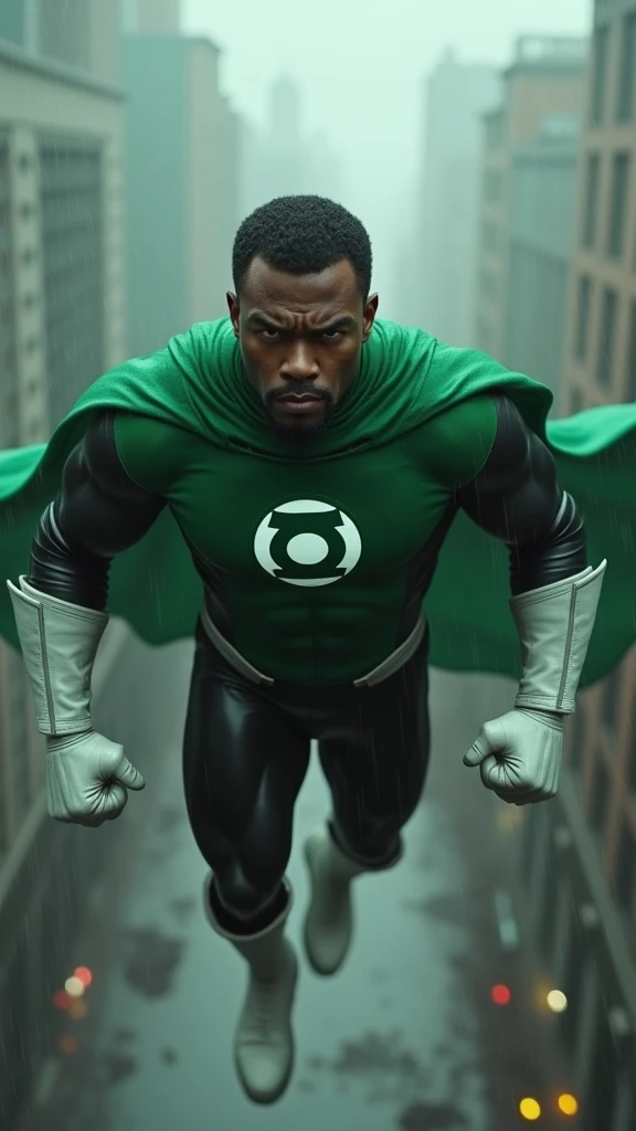 a full body black man with short hair under the cloak of green lanterns flying over a rainy apocalyptic city exhausted after a battle Green suit combined with black in shiny leather boots and white leather gloves emblem of the green lanterns on his chest (((without cover)))