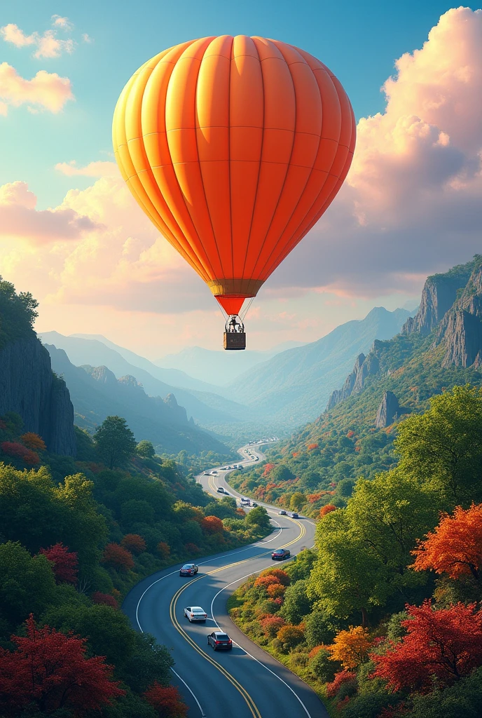 Pinkblue sky, orange firebaloon , road ,many cars going , landscape, real nature photo