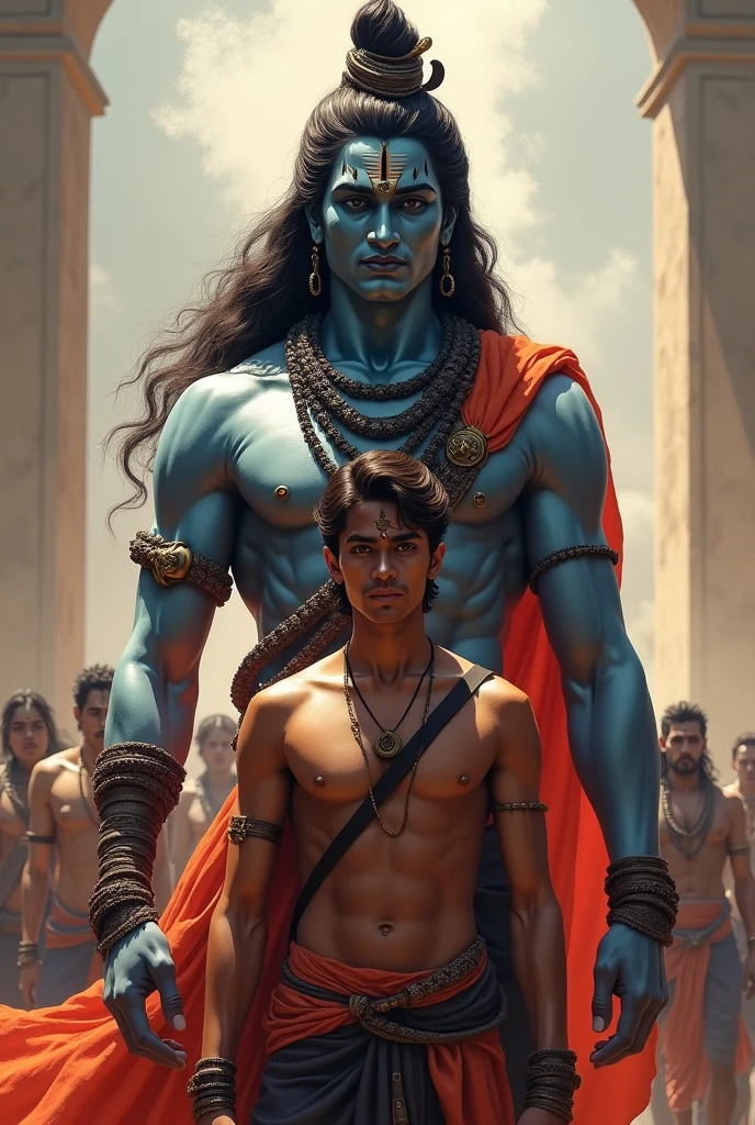 Mahadev standing behind chattrapati shivaji maharaj and chattrapati shivaji maharaj standing behind a boy of age 20