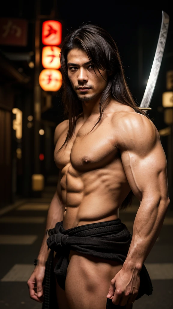 Realist:1.3,( fPhoto, Realist, 8k, RAW Photos, Premium Quality, masterpiece, Great lighting, Centered Images), (Samurai), (2 katana), whole body, (Handsome Japanese young man, have confidence、Trained muscles., Wildman and his body with perfect details), cyber punk, Disheveled brown long hair, Warrior, Tokyo, Shibuya Ward,