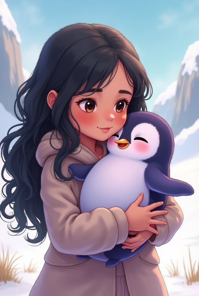 An illustration of a girl with long curly black hair, carrying a very chubby  penguin, light blue in color Change the penguin 