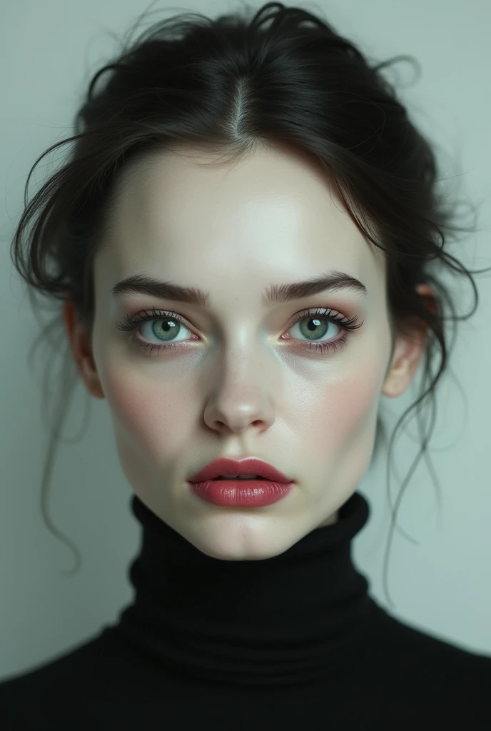 Create the image of a woman. Her face so symmetrical it almost reveals to be a mask, hiding such a sinister face. Her expression, blank. Blank to unveil such an unsettling tone in the image.