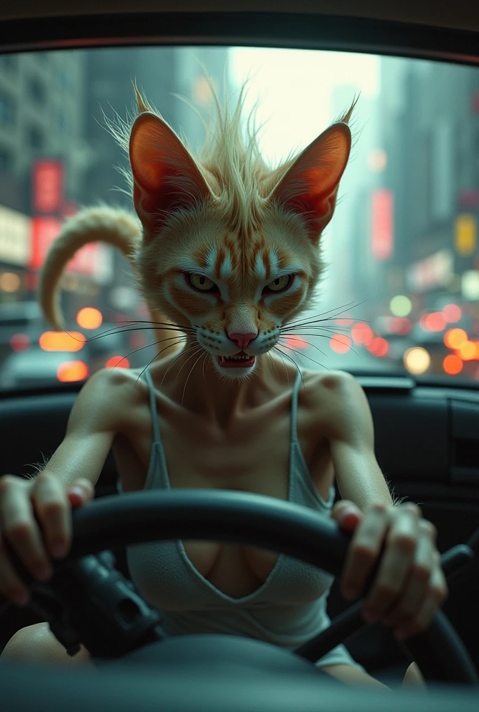 a humanoid cat woman, driving a sedan, she is stuck in traffic, she is very angry