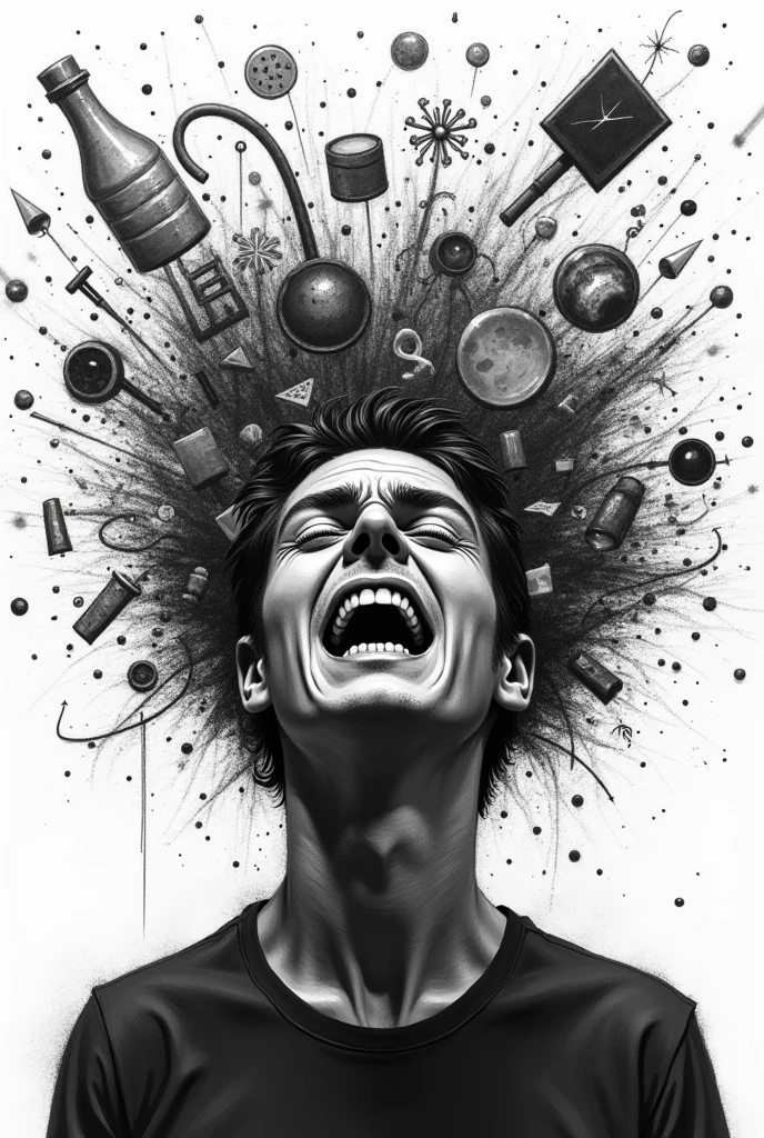 Black and white drawing of a schizophrenic man crying and laughing at the same time while images and doodles overwhelm him around him