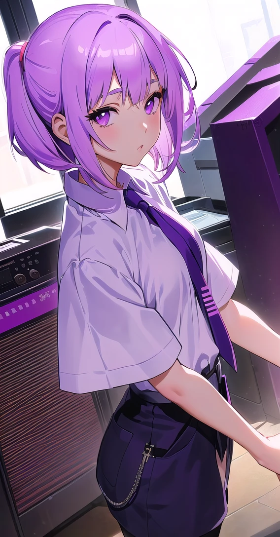 An anime character with lilac hair and a lilac tie standing in front of a guitar, anime moe Art Style, Ilya Kuvshinov. 4k yen, Ilya Kuvshinov style, Art Style : Ilya Kuvshinov, Ilya Kuvshinov, ( Ilya Kuvshinov ), by Kamaguruka, anime style 4k yen, Highly detailed official artwork