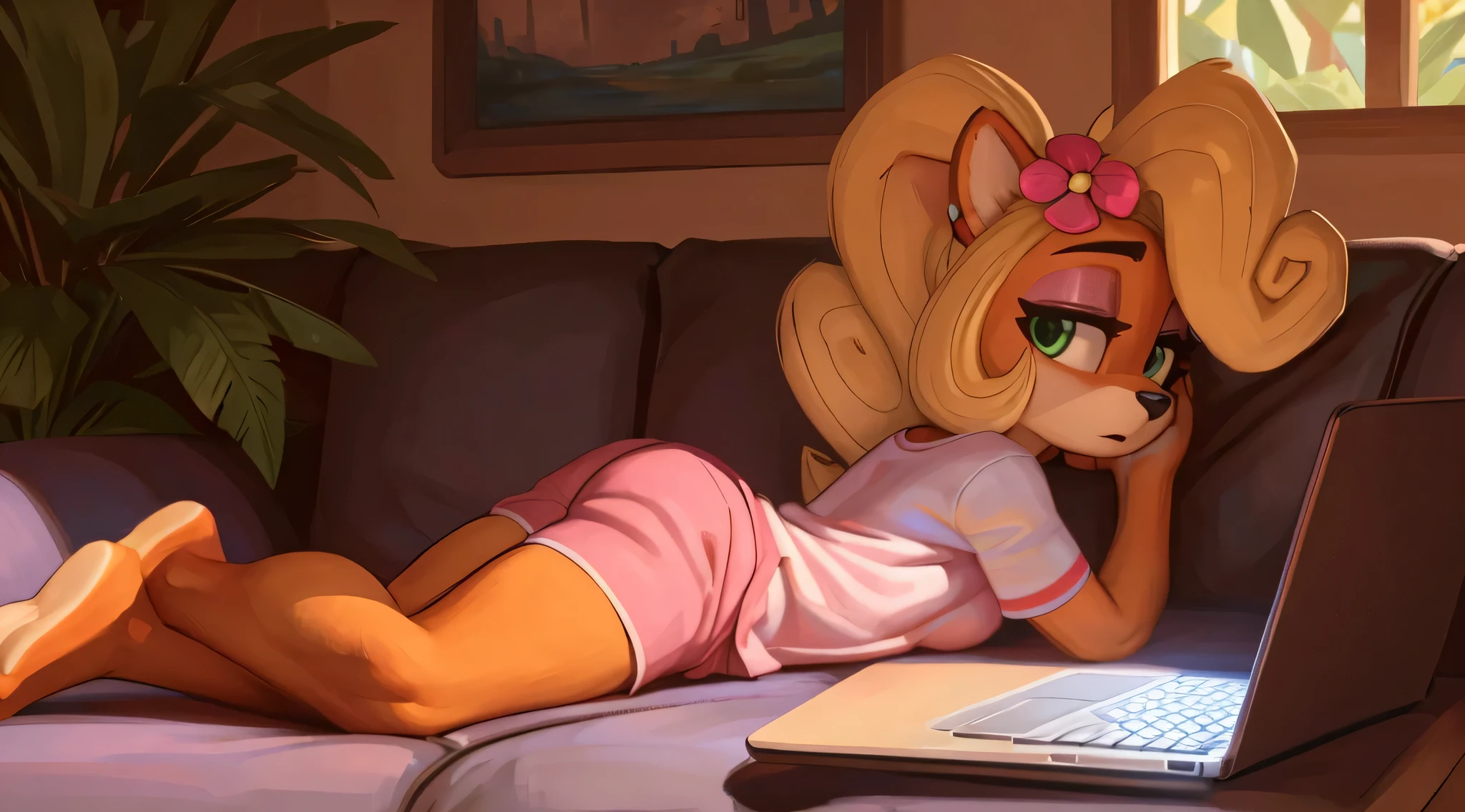 [Coco bandicoot], [Uploaded to e621.net; (Pixelsketcher), (wamudraws)], ((masterpiece)), ((HD)), ((solo portrait)), ((full body)), ((back view)), ((feet visible)), ((detailed fur)), ((detailed shading)), ((beautiful render art)), ((intricate details)), {(slim figure), (orange fur), (black nose), (cute green eyes), (short eyelashes), (pink eyeshadow), (half lidded eyes), (long blonde curly hair), (curly ponytail), (curvy hips), (beautiful legs), (beautiful feet), (tired), (sleepy expression)}, {(white tee shirt), (pink pajama shorts), (pink flower in hair}, {(laying on couch), (laying on stomach), (typing on laptop), (looking over shoulder), (looking back at viewer)}, [ambient lighting, living room, tropical forest, sun rays, pink laptop]