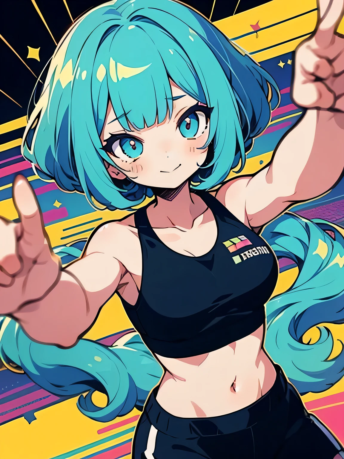 looking at viewer,((dancing pose:1.3)),seiza,upperbody,hightquality、((Kawaii 2Girls))、Colorful color palette、high-level image quality、(blunt bangs),curly bob,(sports bra),Unprecedented amount of drawing、anime styled、Geometric pattern background、front facing、sticker style