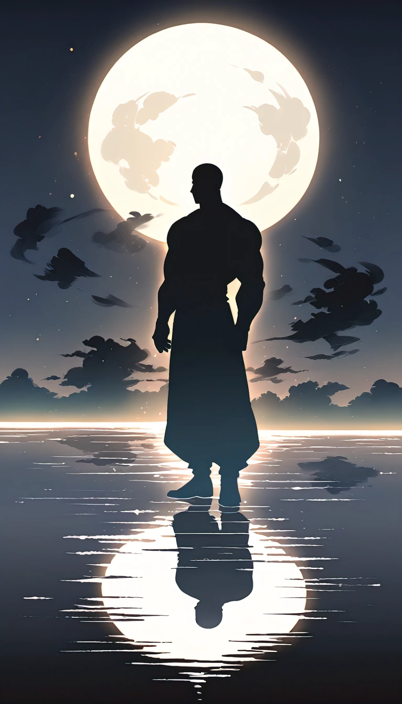A Strong Buddhist muscular man stands in the smoke, Black jumpsuit, Very tight, Silhouette effect, Tall muscular man, Priapus, Dark Black, Dark black skin, Buzz Cut, His muscles are very developed, Very tall, short hair, Blend into the smoke, Lake, Reflection, Stars, moonlight, Big Moon, Man silhouette, Chinese, black and white, Simple style
