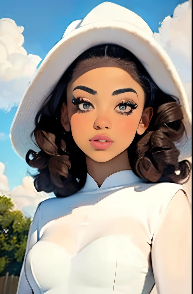there is a woman wearing a white hat and a white dress, a pastel by Marie Angel, instagram, rococo, soft devil queen madison beer, wearing white silk hood, curly bangs, she has olive brown skin, tessa thompson inspired, brown skin. light makeup, ☁🌪🌙👩🏾, her face framed with curls, with brown skin, cute complexion