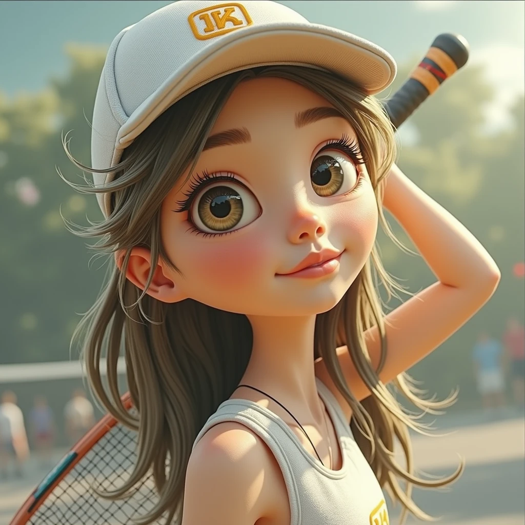 a beautiful girl, holding a tennis racket, pixar style, highly detailed, cinematic lighting, vibrant colors, photorealistic, 8k, masterpiece, professional 3d render, beautiful detailed eyes, beautiful detailed lips, extremely detailed face, long eyelashes, Whole body, dynamic pose, sports equipment, outdoor tennis court, blue sky, green grass, sun flare, cinematic camera angle