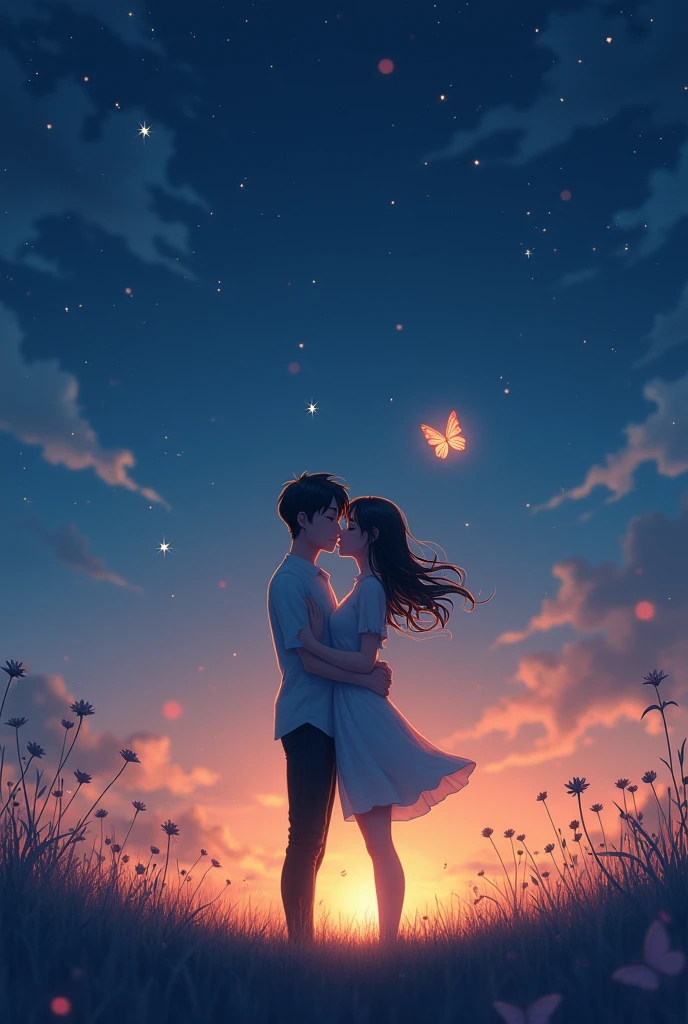 Cute couple night butterfly star's beutiful background romantic kiss