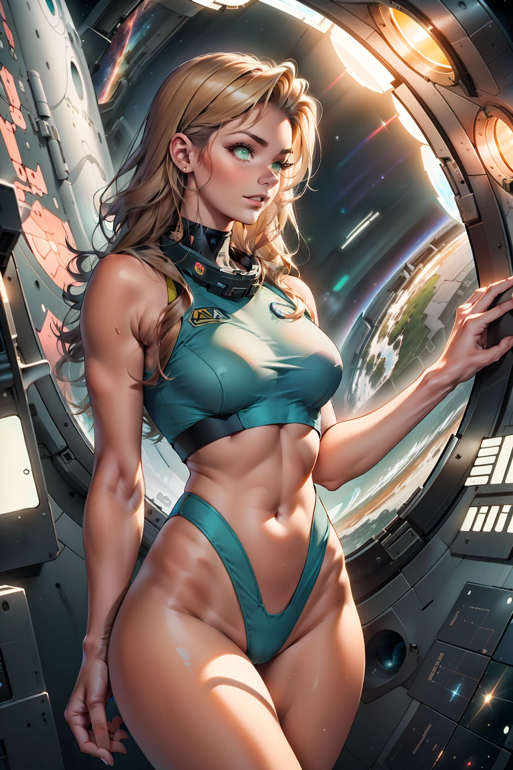 (masterpiece, best quality:1.2), (Cowboy shooting:1.1), Solitary, 1 Girl, Yuki Mori, Smile, Shut up, side view, Looking at the audience, Blonde Hair, Long hair, Thigh gap, Tight Fit衣, Tight Fit, Perfect body, Large Windows, (Starship Porthole:1.3), (Open your legs:1.3), (permanent:1.1), Thigh gap, Sexy pose, side view, Perfect hands, Inside a bright starship, (Outer space view:1.1), (Track View:1.3), (night, Old Sky:1.5), Milky Way