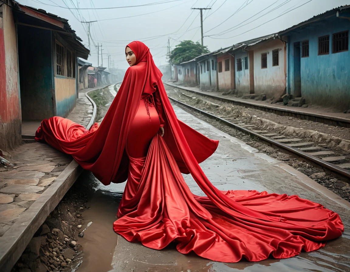 A woman shrouded in a 10-meter-long, plush red satin cloth, tightly bound and grandly draping along the form of her body, flowing off into a pooled floor-length train, styled in a mermaid-inspired outfit, her head modestly veiled in a satin hijab, tall woman, in village road, a full-body pose conveying a sense of mysterious elegance, captured in a 4k resolution, ultra-realistic