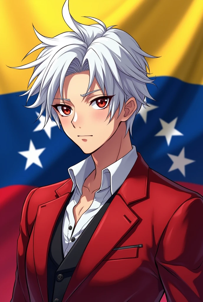 Anime boy with white hair and a red suit and a Venezuelan flag in the background 