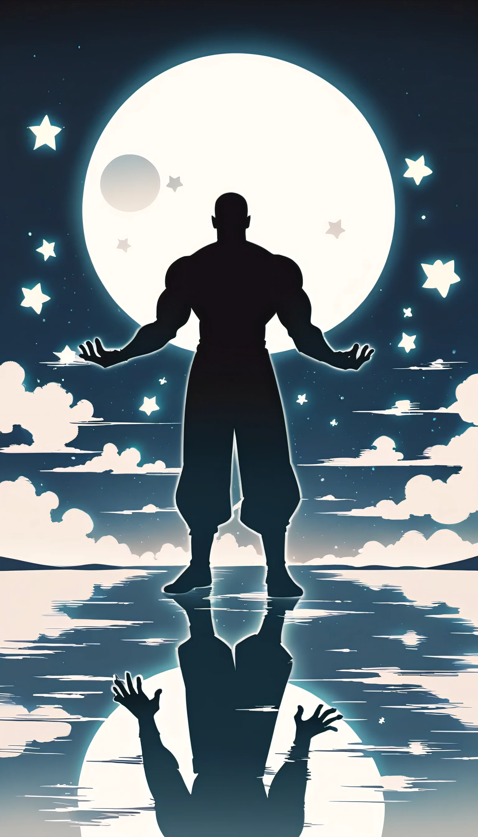 A Strong Buddhist muscular man stands in the smoke, Black jumpsuit, Very tight, Silhouette effect, Tall muscular man, Priapus, Dark Black, Dark black skin, Buzz Cut, His muscles are very developed, Very tall, short hair, Blend into the smoke, Lake, Reflection, Stars, moonlight, Big Moon, Man silhouette, Chinese, black and white, Simple style