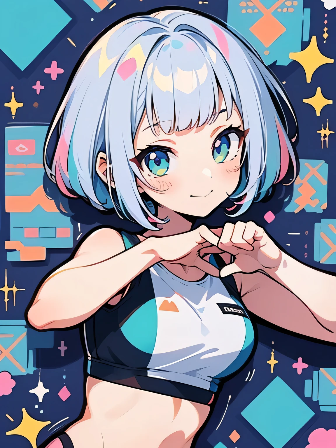looking at viewer,((dancing pose:1.3)),seiza,upperbody,hightquality、((Kawaii 2Girls))、Colorful color palette、high-level image quality、(blunt bangs),curly bob,(sports bra),Unprecedented amount of drawing、anime styled、Geometric pattern background、front facing、sticker style