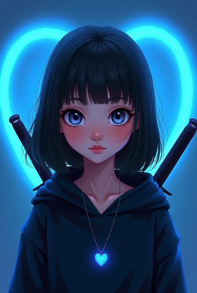 Disney image of a girl wearing a black hooded sweatshirt , straight hair, large eyes,  a necklace with a small blue heart , bright blue heart background, with swords on his back like a ninja 