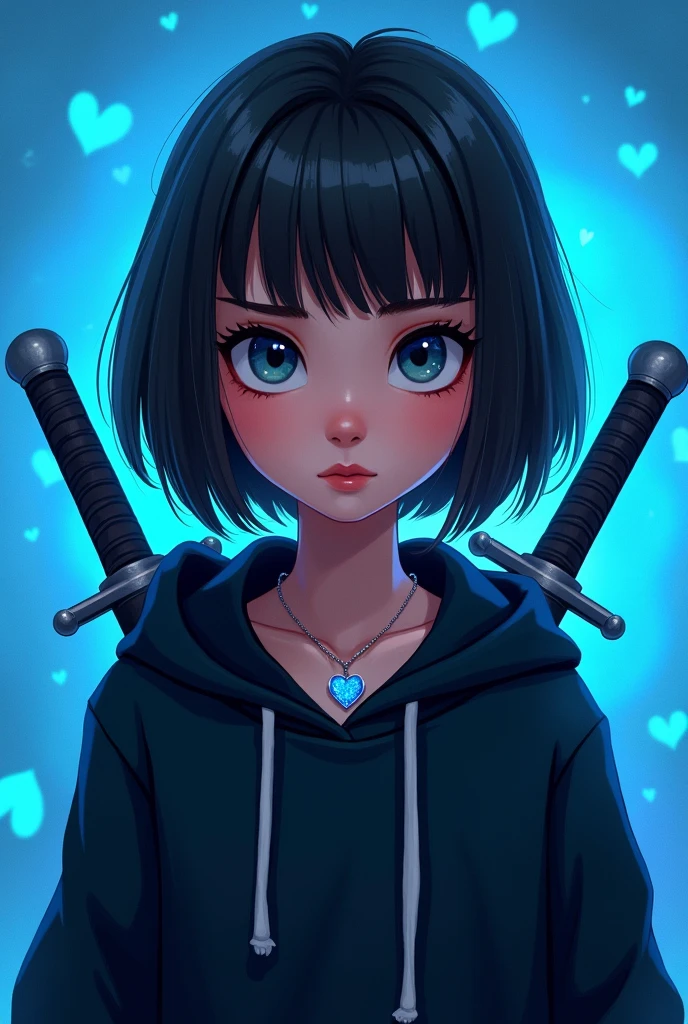 Disney image of a girl wearing a black hooded sweatshirt , straight hair, large eyes, a necklace with a small blue heart , bright blue heart background, with swords on his back like a ninja