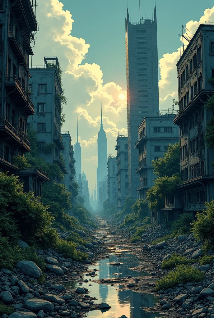 Panoramic view of the ruined city at dawn. Skyscrapers destroyed, vegetation covering the debris, cloudy and dark sky. in manga style