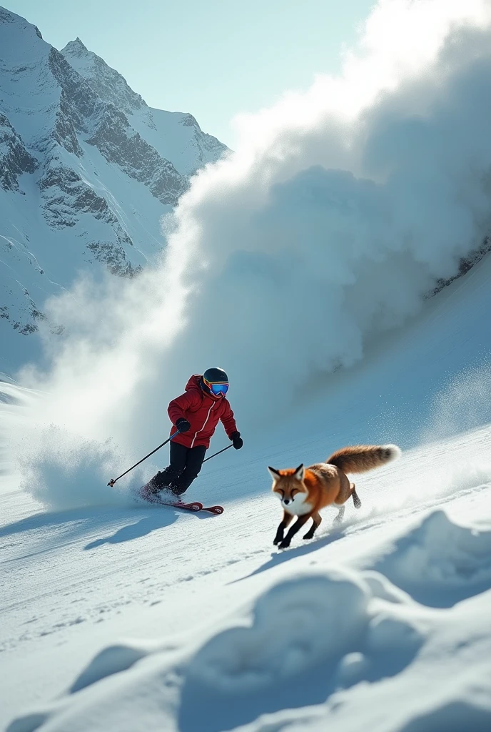 Professional photography, A female skier skis down the snowy mountain, leaving ski tracks behind her. A large avalanche is approaching directly behind her. A fleeing fox from the avalanche can be seen in the foreground. The dynamic movements of the avalanche and the skier. A tense scene. Low-angle shot, deep focus, bokeh effect, sunlight scattering, hyper Realistic, Professional photography, Cinema Lighting