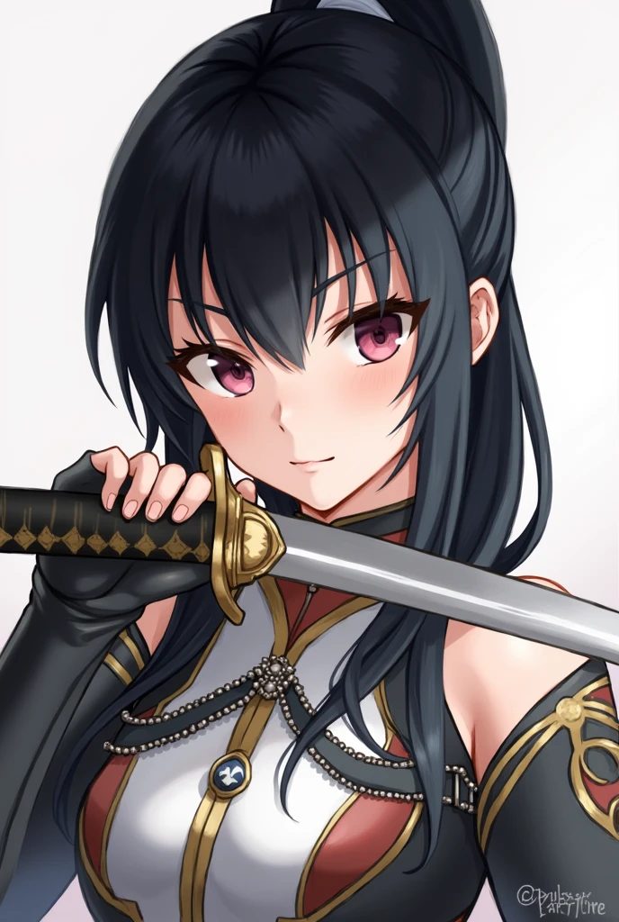 a close up of a girl in a costume holding a sword, (ponytail forehead hair pulled back:1.3), (black hair:1.3), anime style, from girls frontline, fine details. girls frontline, girls frontline universe, girls frontline style, girls frontline, girls frontline cg, soft anime illustration, 2 0 2 2 anime style,
