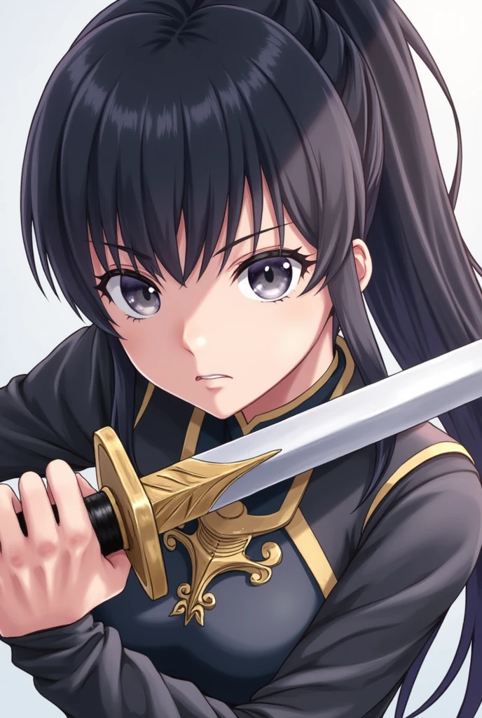 a close up of a girl in a costume holding a sword, (ponytail forehead hair pulled back:1.3), (black hair:1.3), anime style, from girls frontline, fine details. girls frontline, girls frontline universe, girls frontline style, girls frontline, girls frontline cg, soft anime illustration, 2 0 2 2 anime style, 