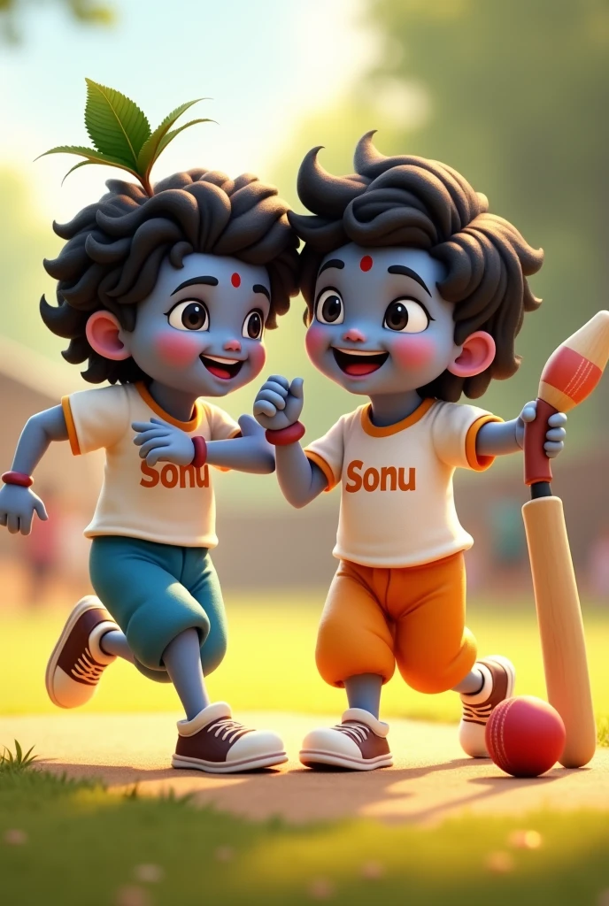 Cute god krishna with his friend
Both t shirt colour white and printed name krishna and sonu
And playing cricket 

