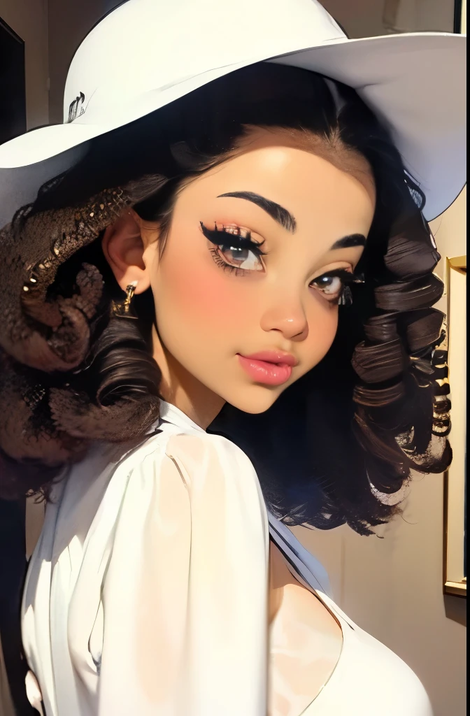 there is a woman wearing a white hat and a white dress, a pastel by Marie Angel, instagram, rococo, soft devil queen madison beer, wearing white silk hood, curly bangs, she has olive brown skin, tessa thompson inspired, brown skin. light makeup, ☁🌪🌙👩🏾, her face framed with curls, with brown skin, cute complexion
