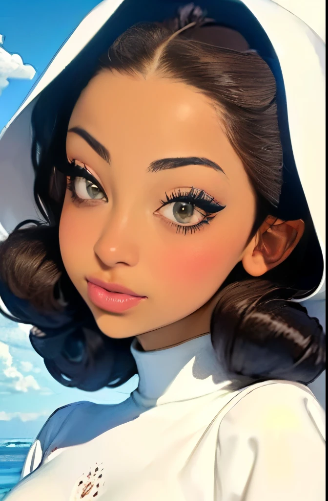 there is a woman wearing a white hat and a white dress, a pastel by Marie Angel, instagram, rococo, soft devil queen madison beer, wearing white silk hood, curly bangs, she has olive brown skin, tessa thompson inspired, brown skin. light makeup, ☁🌪🌙👩🏾, her face framed with curls, with brown skin, cute complexion