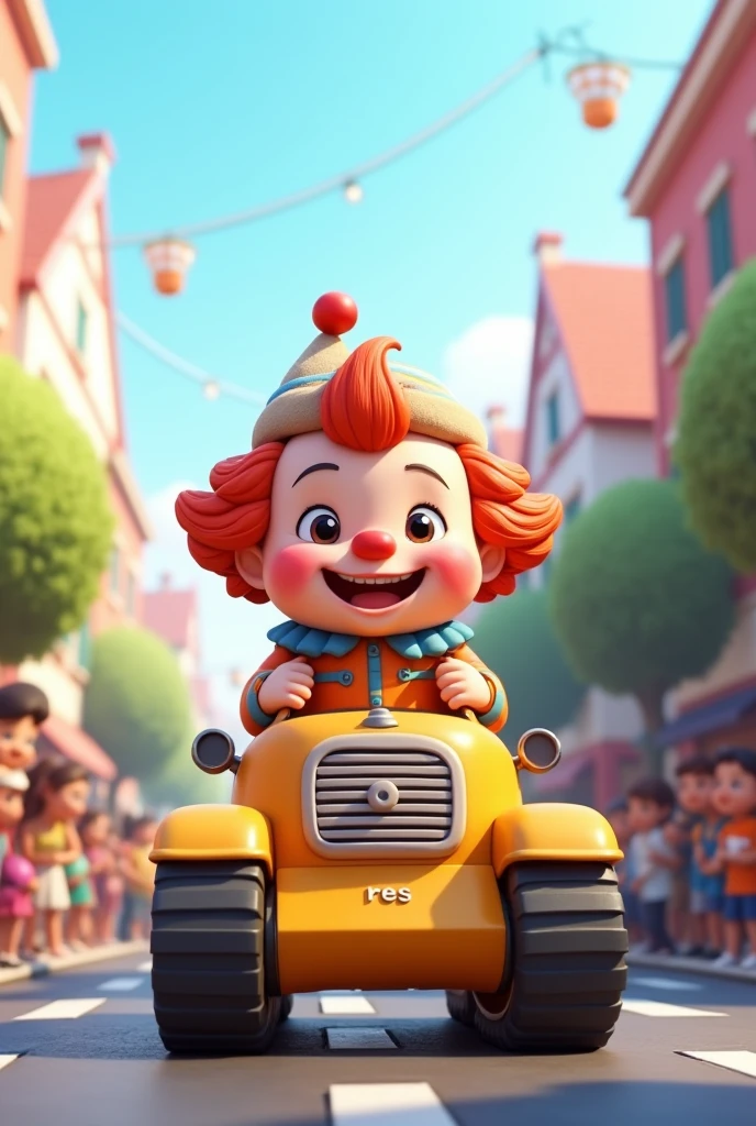 clown、3DCG、Chibi Character、juvenile、Ride in a tank、At the bottom of the screen「res」Logo、smile、cute、cute、background:In town、Spectators around