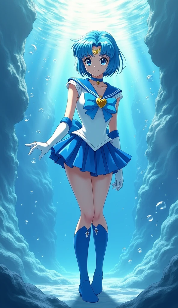 "Generate an image of Ami Mizuno from Sailor Moon in her Super Sailor Mercury form. She should be standing confidently, with her short blue hair styled in a sleek bob. Her outfit is a white sailor-style uniform with a blue collar, a light blue bow on her chest with a golden heart-shaped brooch, and a pleated skirt. She wears knee-high blue boots and white gloves with blue accents. She should be holding her Aqua Harp, with water elements swirling around her. The background should be an underwater scene, with shimmering light filtering through, creating a calm and serene atmosphere."