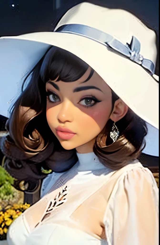 there is a woman wearing a white hat and a white dress, a pastel by Marie Angel, instagram, rococo, soft devil queen madison beer, wearing white silk hood, curly bangs, she has olive brown skin, tessa thompson inspired, brown skin. light makeup, ☁🌪🌙👩🏾, her face framed with curls, with brown skin, cute complexion