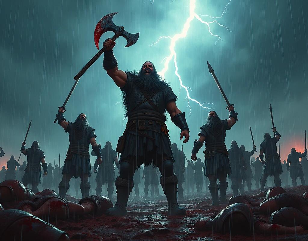As the storm begins to wane, the victorious Vikings stand tall, their weapons raised triumphantly to the darkened sky. Lightning flickers above, casting an eerie light over the battlefield littered with fallen enemies. The lead Viking, his face still etched with the ferocity of battle, roars in triumph, his bloodied axe held high as rain washes over him. Around him, his comrades echo the victory cry, their swords and axes lifted in unison, celebrating their hard-fought win. The ground is soaked with the blood of the defeated, the bodies of English soldiers lying still in the mud, a stark reminder of the brutal clash that has just ended. The storm’s fury fades, but the Vikings’ victory is absolute, their indomitable spirit shining through the dissipating darkness. Style comic