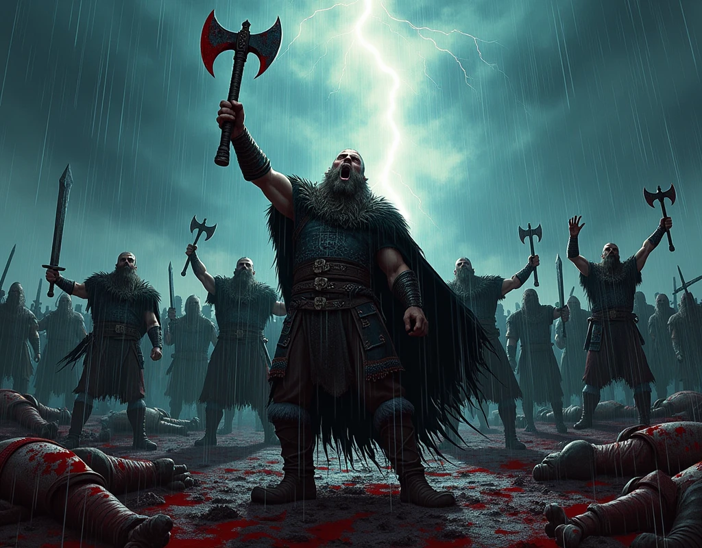 *As the storm begins to wane, the victorious Vikings stand tall, their weapons raised triumphantly to the darkened sky. Lightning flickers above, casting an eerie light over the battlefield littered with fallen enemies. The lead Viking, his face still etched with the ferocity of battle, roars in triumph, his bloodied axe held high as rain washes over him. Around him, his comrades echo the victory cry, their swords and axes lifted in unison, celebrating their hard-fought win. The ground is soaked with the blood of the defeated, the bodies of English soldiers lying still in the mud, a stark reminder of the brutal clash that has just ended. The storm’s fury fades, but the Vikings’ victory is absolute, their indomitable spirit shining through the dissipating darkness.* Style comic noir