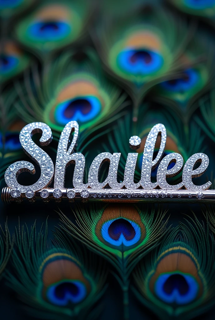 Write name shailee in  stylish diamond coating letter with background of peacock feathers ,on flute 