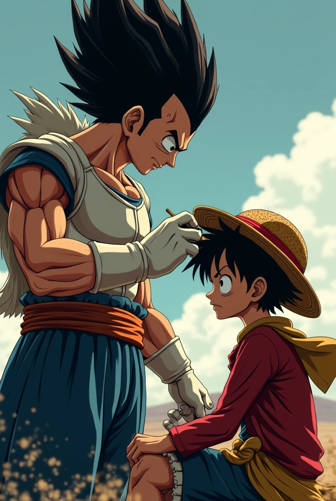 Vegeta cutting Luffy's hair