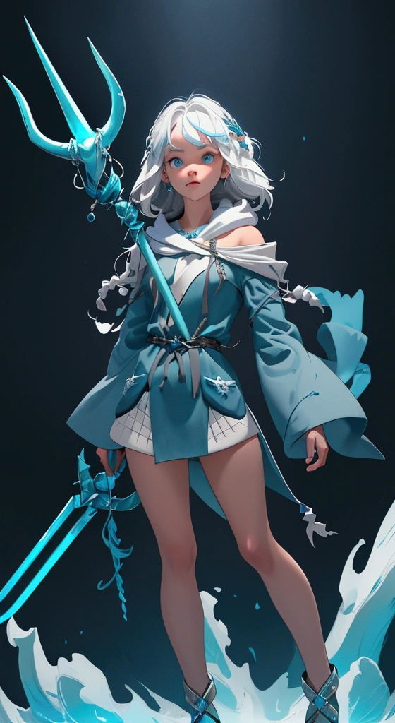 envision a 8k, highres, cinematic, full body design of a small and Atlantean girl named Gawr Gura with shoulder length white hair with blue highlights in a blue shark hoodie holding Poseidon's trident against a dark gray background