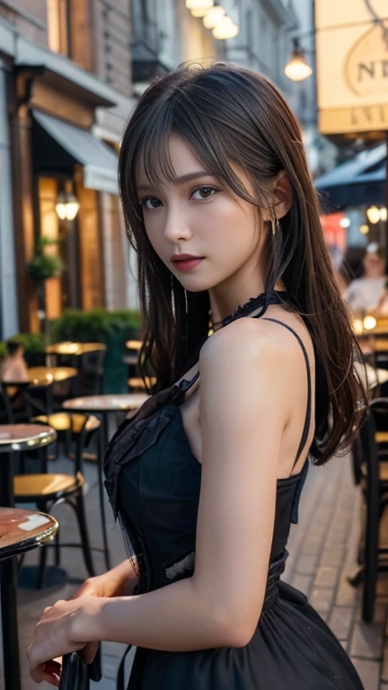 ((masterpiece:1.4, Highest quality)), (Realistic photos:1.4), ((1 person)), (Otherworldly beauty), (dream-like), (超High resolution:1.2), Very delicate and beautiful, wonderful, Very detailed CG Unity 8k wall paper, Very detailed, High resolution, Soft Light, Beautiful detailed, Very detailed eyes and face, Beautiful and detailed nose, Beautiful and detailed, (Wearing a late 19th century black Gothic dress:1.3), (In front of the cafe at night:1.3), Cinema Lighting, Perfect Anatomy, Slender body, (Parted bangs), (The world of impressionist painting:1.5), (Impressionist light and colour), (「Cafe terrace at night」), Cowboy Shot