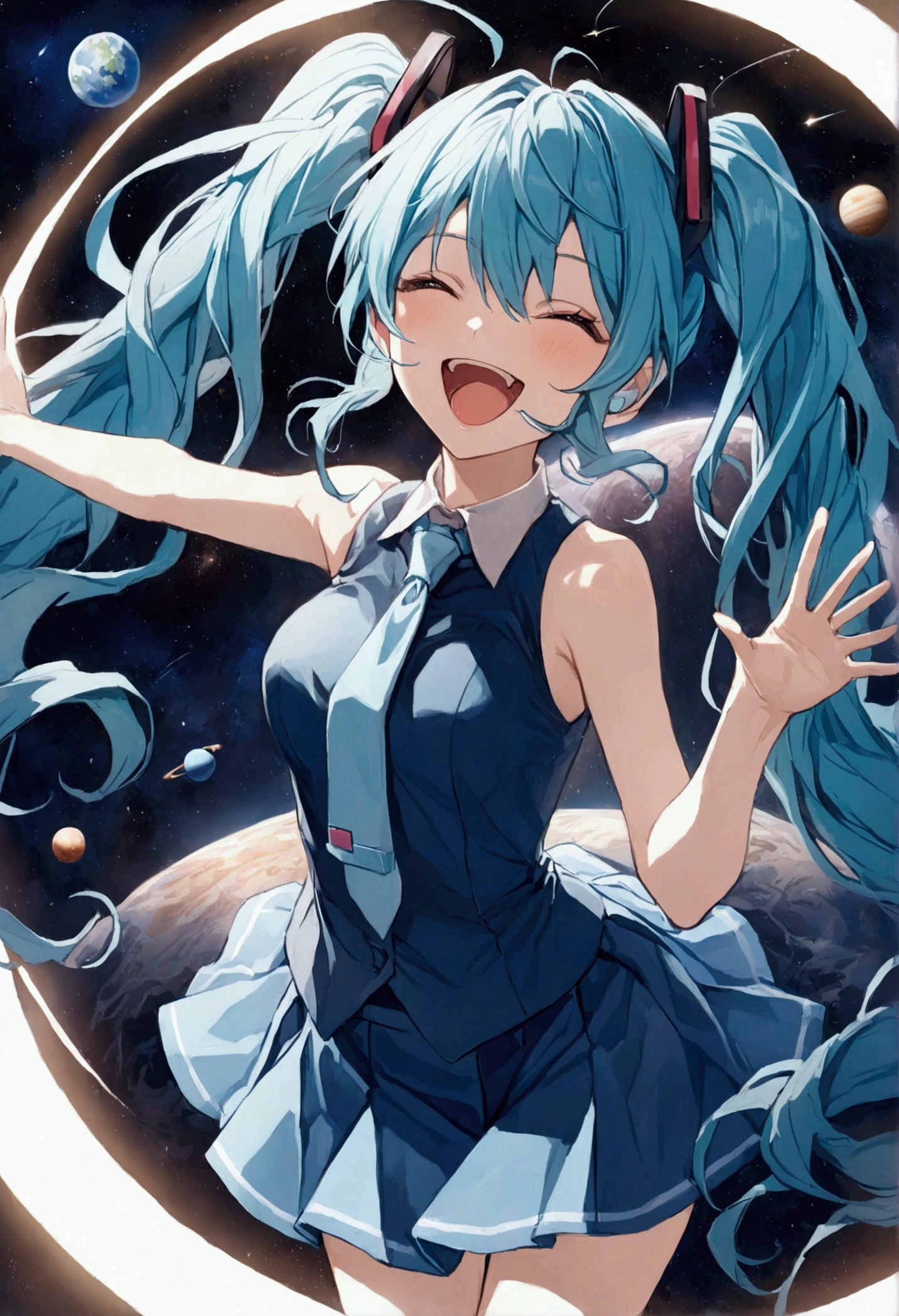 (Hatsune Miku,Light blue hair,Twin tails,No sleeve,tie,mini skirt,socks),((Blue is the predominant color)),universe space,The planets revolve around Miku,laughing