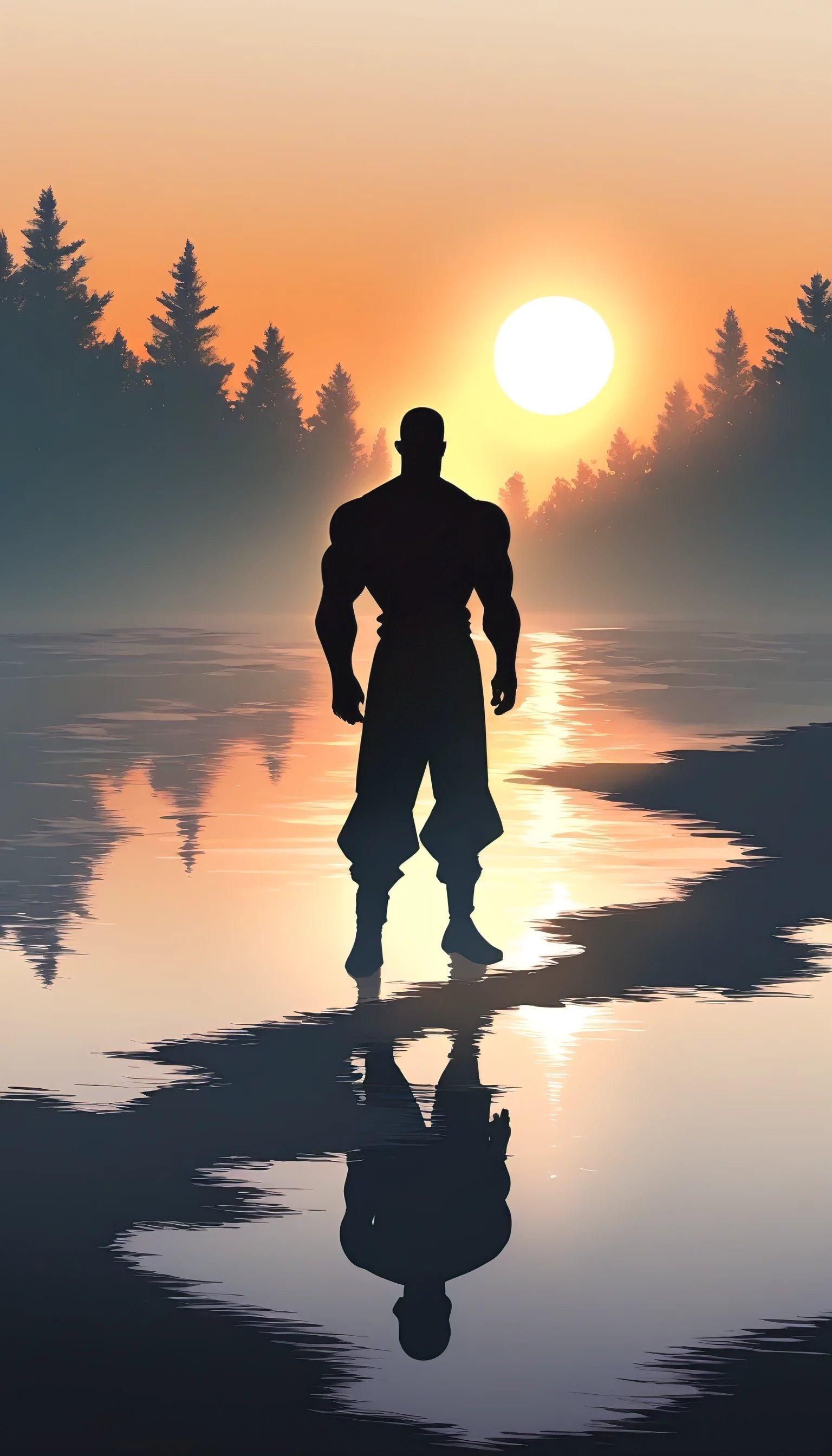 A Strong Buddhist muscular man stands in the smoke, Black jumpsuit, Very tight, Silhouette effect, Tall muscular man, Priapus, Dark Black, Dark black skin, Buzz Cut, His muscles are very developed, Very tall, short hair, Blend into the smoke, Lake, Reflection, Sunset, Sunset, Man silhouette, Chinese, black and white, Simple style